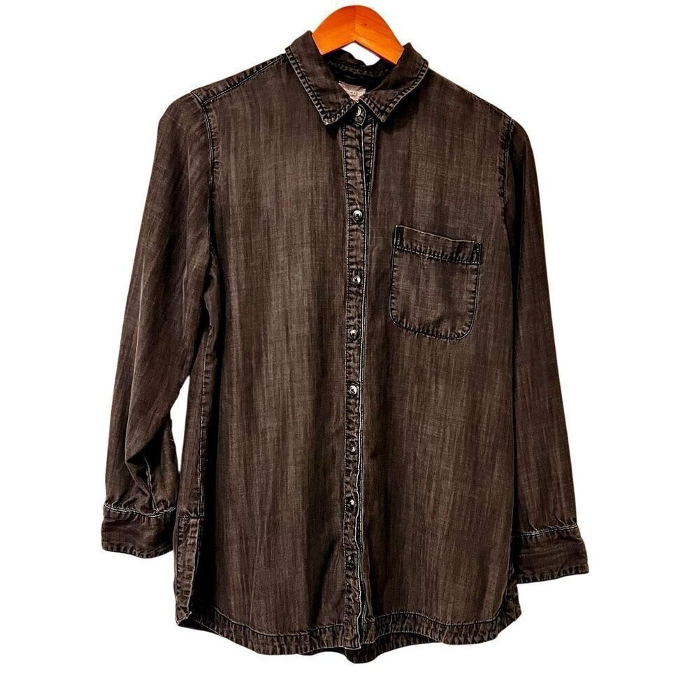 Chico's Black Chambray Denim Tencel Long Sleeve Shirt Size 1